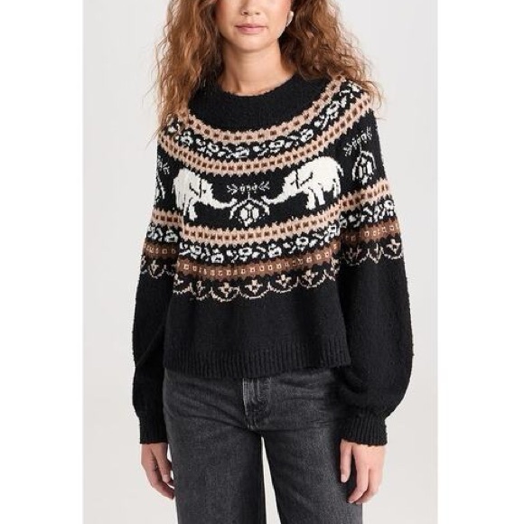 NWT Free People Nellie Fair Isle Elephant Sweater Black Cozy Winter Holiday XL - Picture 1 of 11